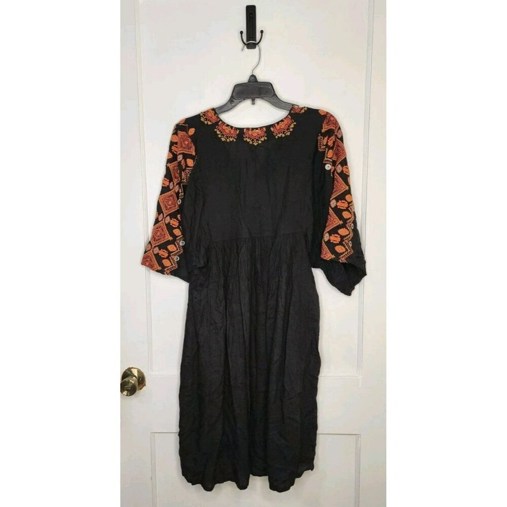Anthropologie Raga Midi Dress Size M Rala Black Embroidered V-Neck Boho New - Picture 2 of 6